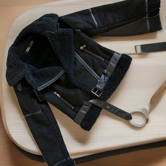 Zara Biker Moto Double Faced Jacket Faux Leather Shearling Black NOWT - Picture 6 of 8